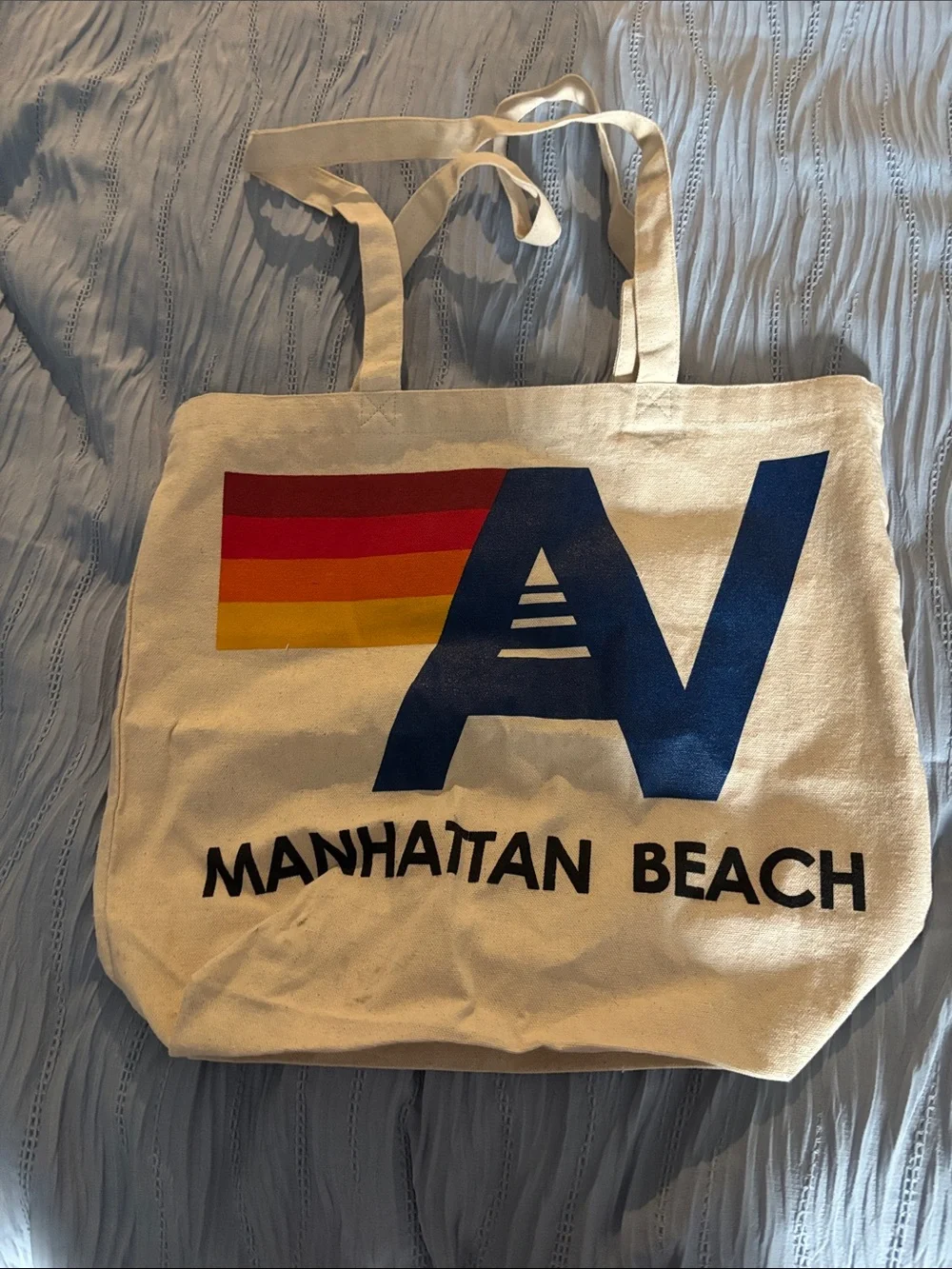 Manhattan Beach aviator nation Canvas Tote Bag with Retro Stripe Graphic - Cream